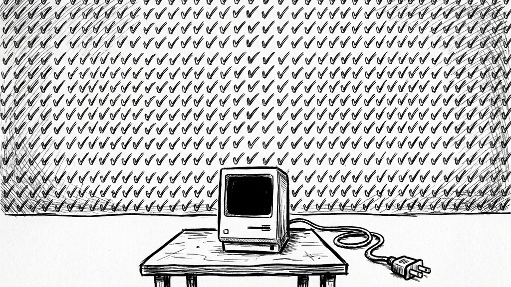 A wall of hand-drawn checkmarks above a dark, unplugged computer terminal