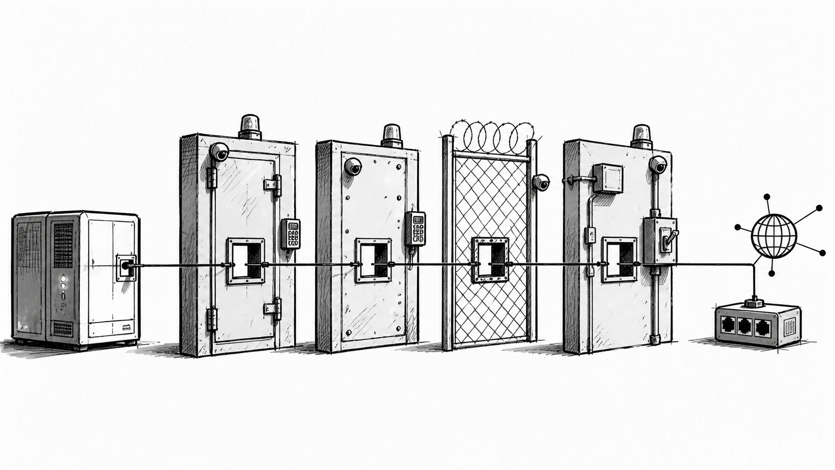 A cable passing through aligned openings in several independent security barriers