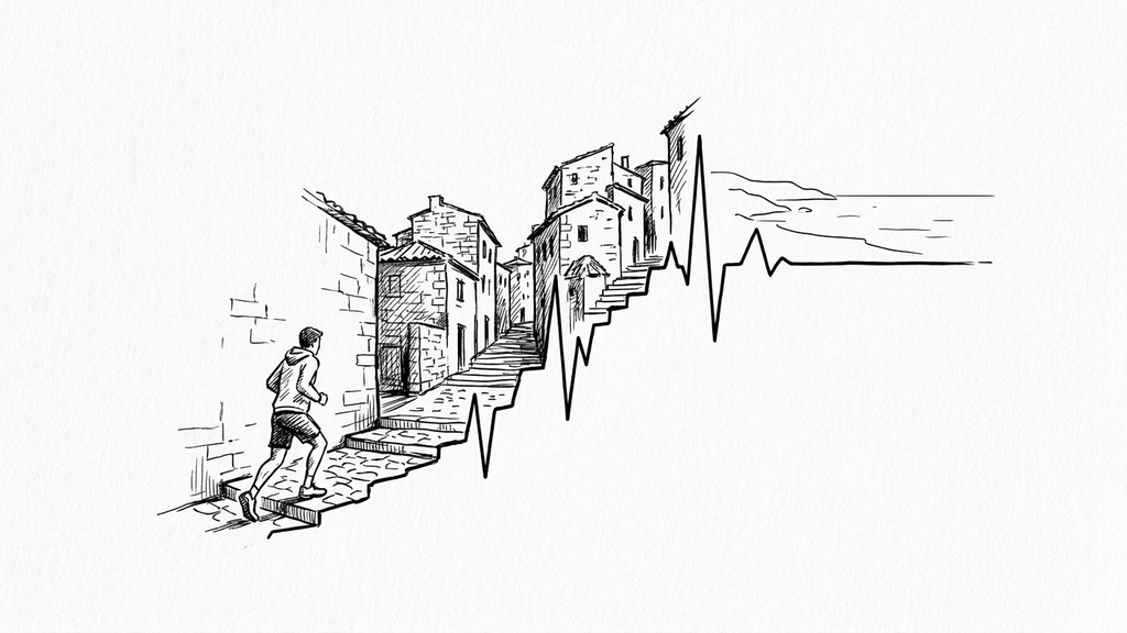 Hand-drawn ink sketch of a runner climbing the stone steps of an old town, the steps turning into a spiking heart-rate trace that flattens out along the seafront