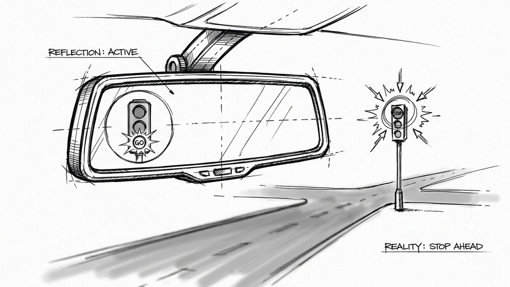 Hand-drawn sketch of a car rearview mirror reflecting a traffic light on go, while the light ahead on the road signals stop
