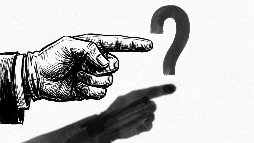 A hand-drawn confident pointing hand casting a shadow shaped like a question mark